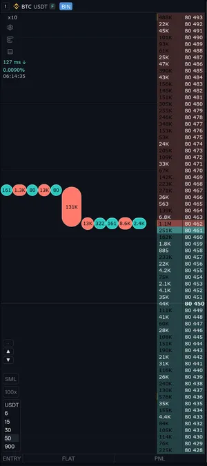 Панель стакана BTC крупным планом: заголовок, инфо-колонка со сжатием и кнопками, блок арбитражной связки, кнопки SML и плеча, панель объёмов и строка позиции