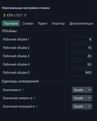 Окно «Персональные настройки стакана» на вкладке «Торговля»: секции «Объёмы» и «Единицы измерения»
